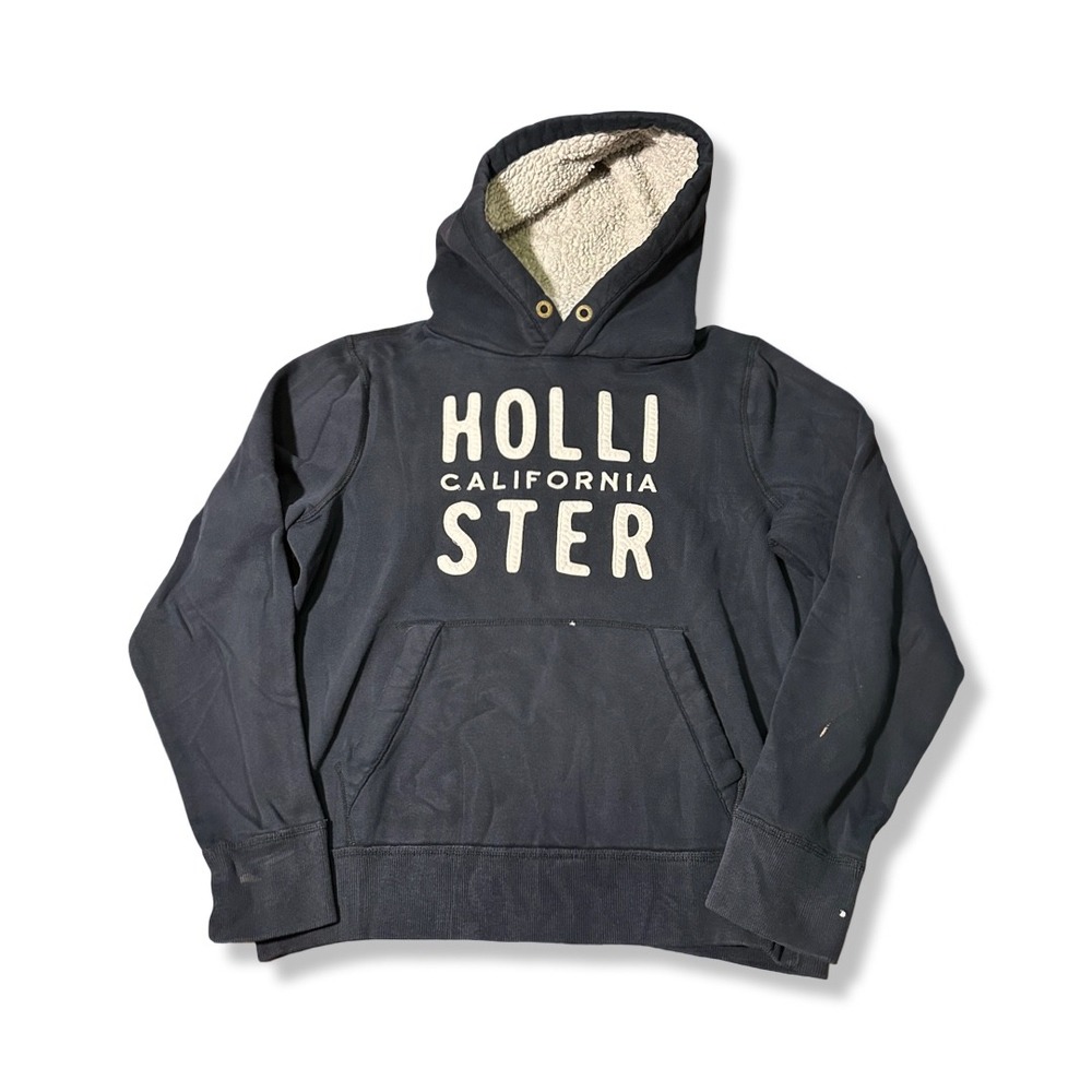 Hollister Hoodie Mens Large Navy Blue Excellent Sherpa Lined Graphic Pullover
